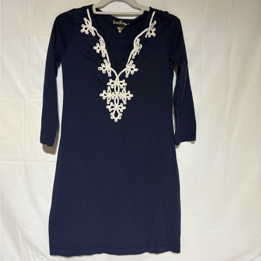 Lilly Pulitzer T-Shirt Dress Navy White Deep V Pima Cotton Size XS